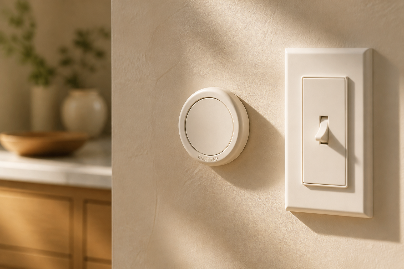 A cream Last Tap puck on a plaster kitchen wall beside a light switch. Recessed ring and LAST TAP wordmark.